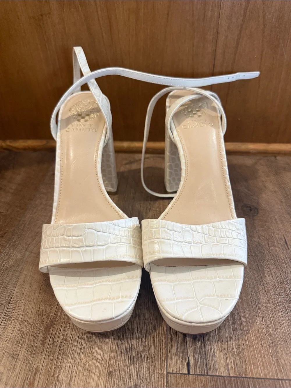 Vince Camuto Women's White Croc-Embossed Ankle-Strap Block Heel Sandals